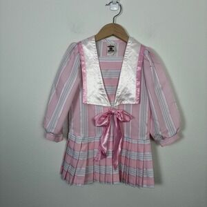 Vintage Winnie the Pooh Disney Sailor Dress Pink Striped Pleated Girls Size 5